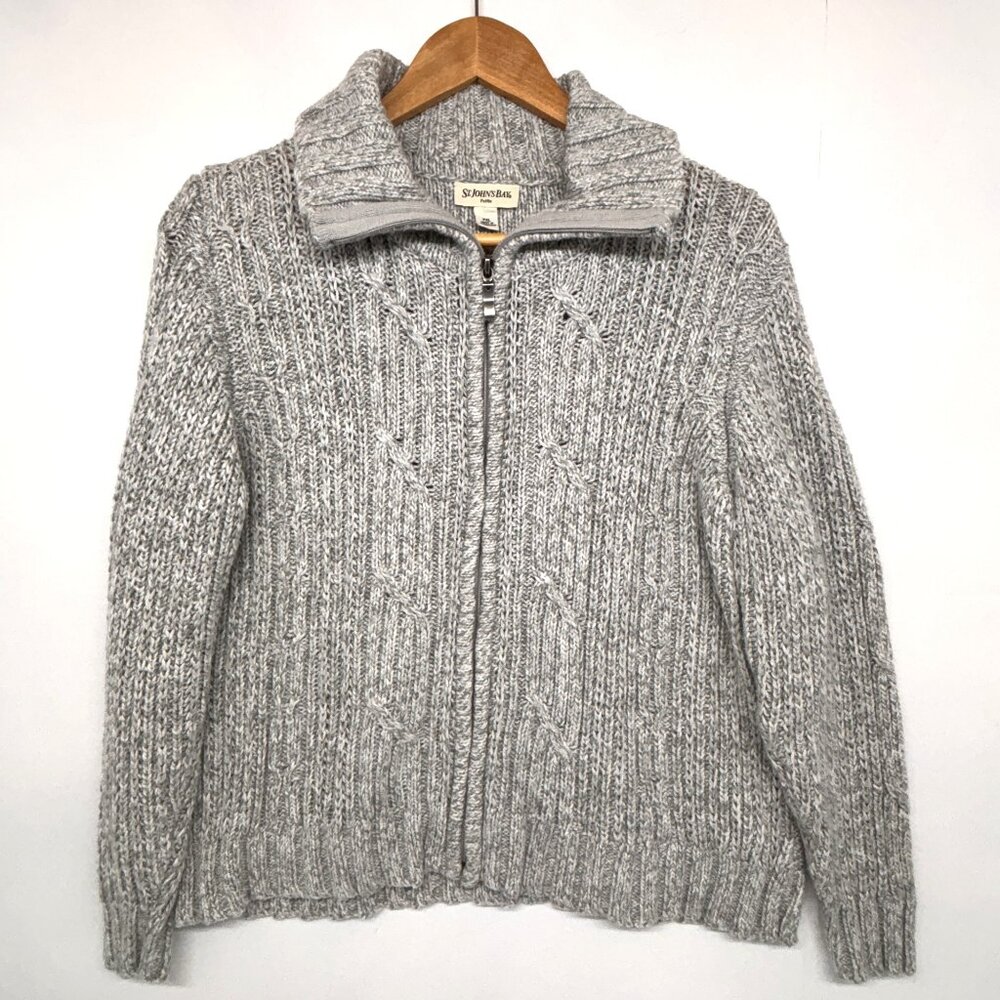 St John's Bay Sweater Cable Knit Long Sleeve Full Zip Gray Women's Petite XL